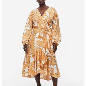 NWT H&M Yellow Palm Printed Long Sleeve Midi Maxi Wrap Dress
